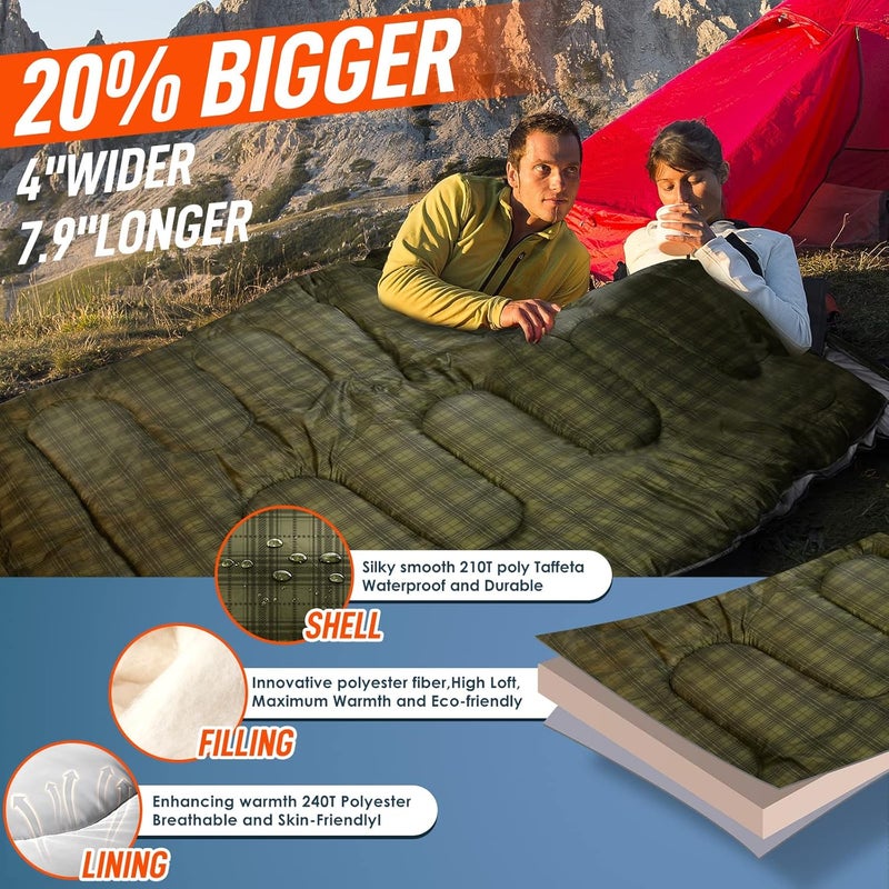 Mereza Double Sleeping Bag for Adults Mens with Pillow, XL Queen Size Two Person Sleeping Bag for All Season Camping Hiking Backpacking 2 Person Sleeping Bags for Cold Weather & Warm - Image 3